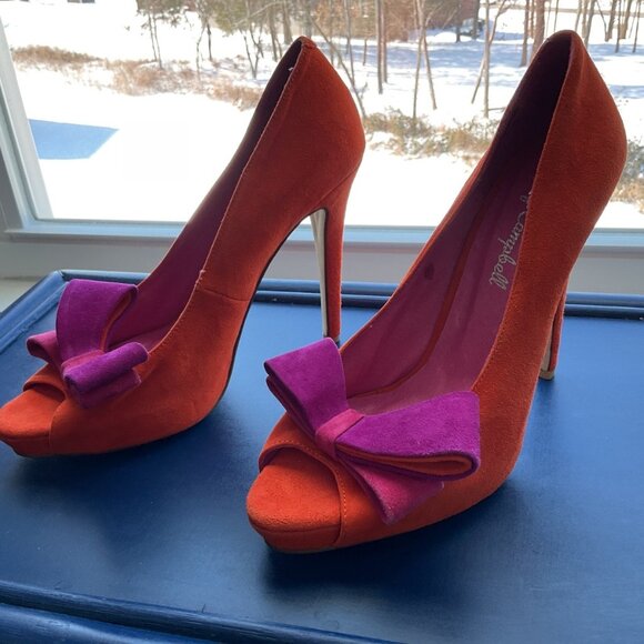 Jeffrey Campbell Orange Platform Pumps with Fushia Bows - Picture 2 of 5